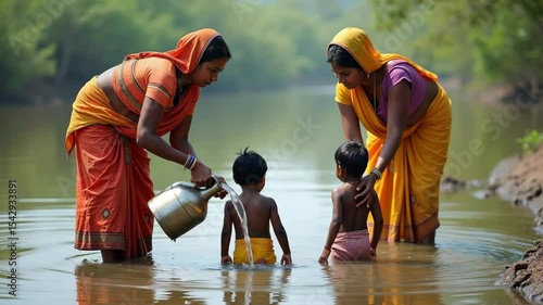 Indian woman bathing her baby in a river, traditional scene of rural life in India, hygiene practices in poor areas of India, mother washing her baby in a river, concept of poverty and destitution in 