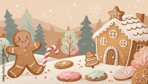 Gingerbread cookies vector background in soft browns and pastel icing colors, playful and cozy evoking holiday sweetness with copy space  
