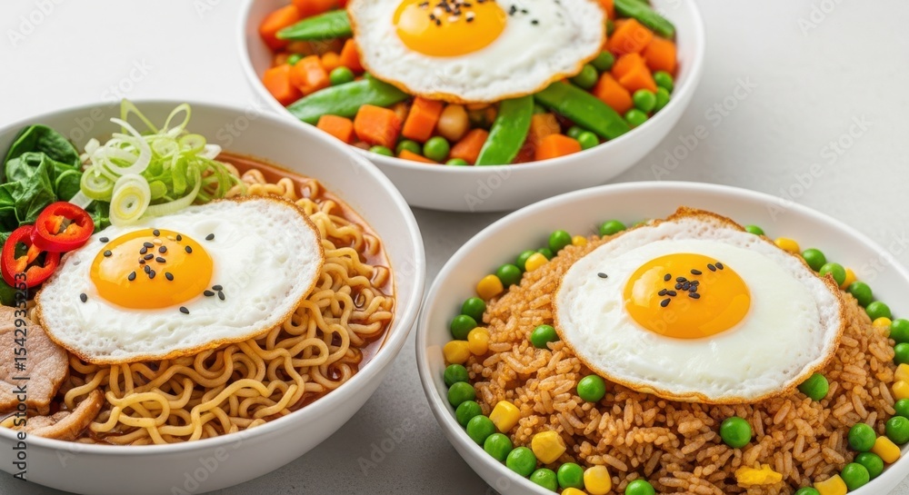 Variety of Delicious Dishes Topped with Fried Eggs Variety of Delicious Dishes Topped with Fried Eggs