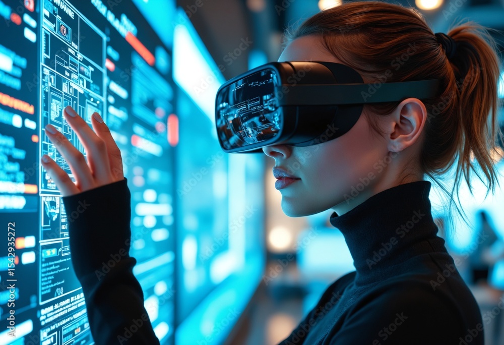Futuristic female figure with augmented reality goggles interacting with advanced tech interface