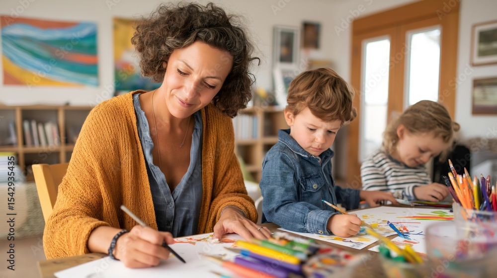 Fototapeta premium During a family art therapy session, a therapist guides parents and children in creative activities while seated at a table filled with art supplies, fostering connection and expression
