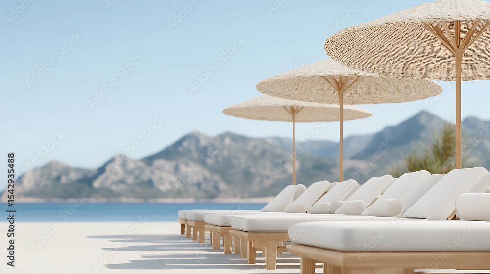 Obraz premium Beach relaxation with sun loungers and straw umbrellas against a backdrop of mountains and the sea. Perfect for relaxation and tranquility.
