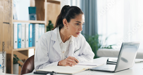 Obraz na plátne Laptop, doctor or woman with research notes for medical website, report or administration in clinic