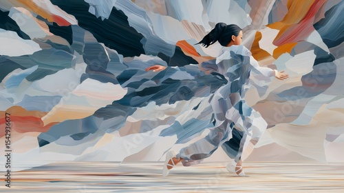 A figure engages in movement therapy, showcasing an expressive dance amidst flowing abstract colors that capture the essence of energy and liberation in a harmonious space