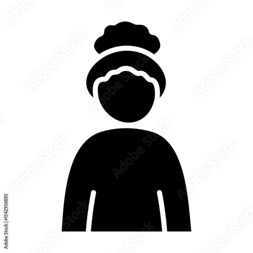User icon of a woman with curly hair in a bun. Solid glyph of an individual person, employee or team member.