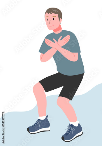 Young man doing squats (vector illustration)