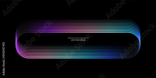 Vector abstract banner design with glowing curved gradient lines in neon spectrum light on black background, modern technology concept template with rounded rectangular frame layout