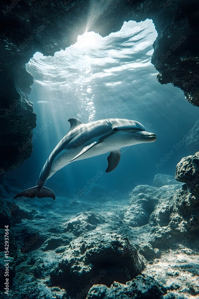 Fototapeta premium The elegant figure of dolphins shuttling through rocks in the deep sea