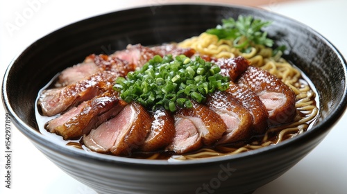 Roasted duck noodle soup in a bowl, white background, steaming