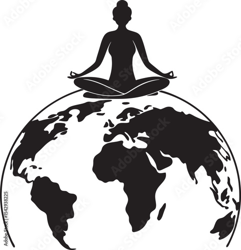 Silhouette of a woman meditating in a lotus pose on the world, a spiritual yoga illustration for peace and relaxation