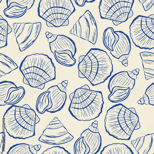 Seashells Seamless Pattern Line Art Style. Shell Simple Hand Drawn Art Print for Trendy Design. Ocean and Sea Abstract Vector Illustration in Doodle Sketch Style.