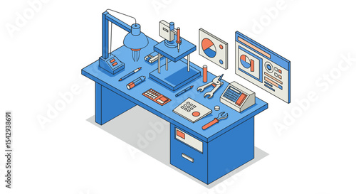 Modern workstation with tools and office supplies for productivity and design concepts vector illustration isometric