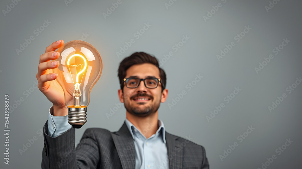 Innovative businessman holding illuminated lightbulb with question mark, showcasing creativity and problem solving skills in business Innovative businessman holding illuminated lightbulb with question mark, showcasing creativity and problem solving skills in business