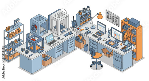 Modern workshop with 3d printers and gadgets in a creative workspace setting vector illustration isometric