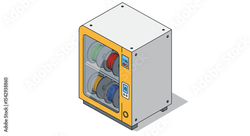 Filament storage cabinet with colorful spools for 3d printer organization vector illustration isometric