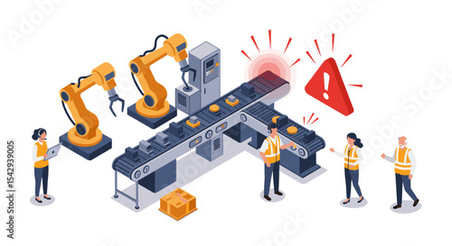 Automation and safety in industrial manufacturing process - conveyor system, robotics, safety alert vector illustration isometric