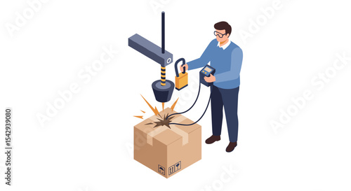 Warehouse automation and safety: man operating machine for package inspection vector illustration isometric