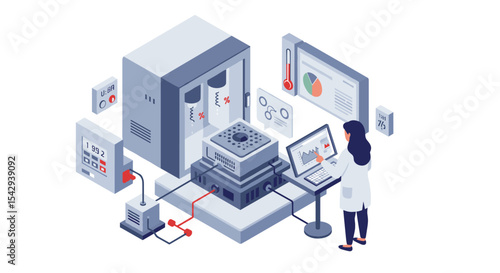 High-tech laboratory analysis scene with scientist and advanced equipment vector illustration isometric