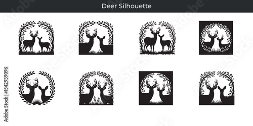 Elegant deer silhouette designs featuring antlered bucks and doe in nature frames
