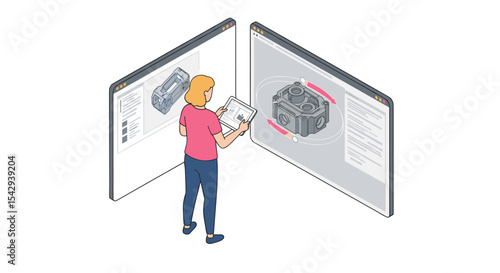 Engineer analyzing mechanical design on digital platform with 3d model and tablet vector illustration isometric