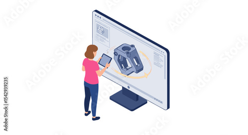 Woman analyzing 3d engineering design on large computer screen for innovative project development vector illustration isometric