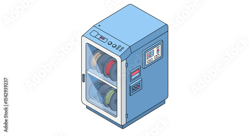 Automated filament storage cabinet for 3d printing materials vector illustration isometric