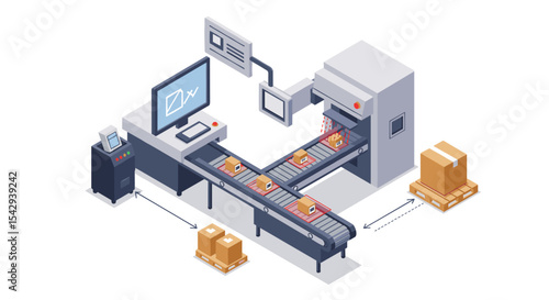 Automated packaging process in modern industrial facility for efficient parcel distribution vector illustration isometric