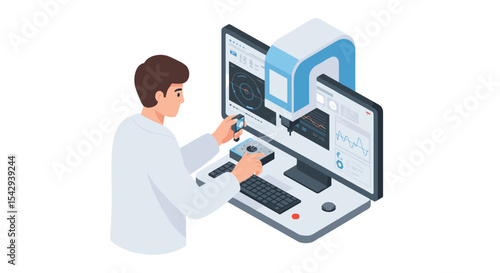 Scientist analyzing data with advanced technology in laboratory setting vector illustration isometric