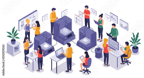 Collaborative teamwork in a modern office with 3d printing technology for innovative solutions vector illustration isometric