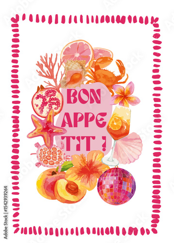 GIRLY FOOD "BON APPETIT"  SUMMER POSTER - VIBRANT FOOD ILLUSTRATIONS WATERCOLOR STYLE