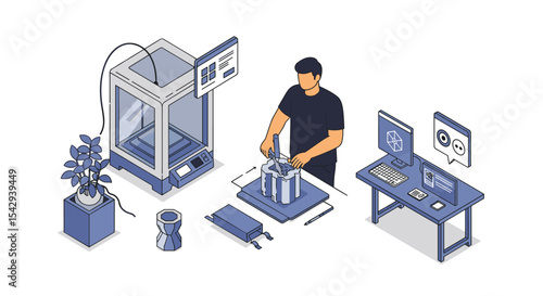 Innovative 3d printing process with designer, printer, and workspace elements vector illustration isometric