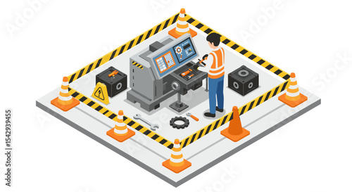 Industrial safety in manufacturing with cnc machine and technician at worksite vector illustration isometric