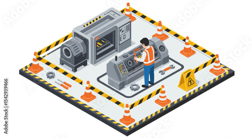 Industrial safety precautions in a factory setting with worker operating machinery vector illustration isometric
