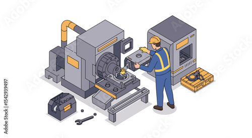 Engineer operating cnc machine for precision manufacturing and industrial automation vector illustration isometric
