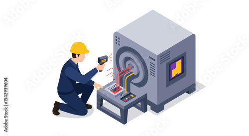 Engineer conducting inspection with infrared thermal scanner on industrial equipment vector illustration isometric