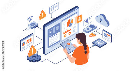 Data analysis and cyber security concept with female analyst monitoring digital alerts vector illustration isometric