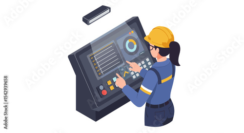Engineer operating industrial control panel for automation in manufacturing vector illustration isometric