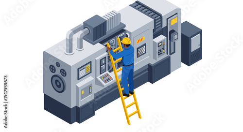 Industrial manufacturing process with engineer operating machinery for production efficiency vector illustration isometric