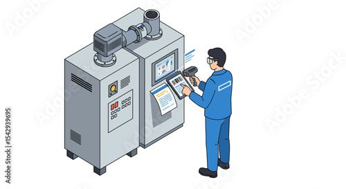 Industrial machine technician operating control system for automation and efficiency vector illustration isometric