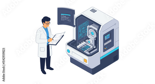 Engineer analyzing data from advanced medical imaging machine for technology development vector illustration isometric