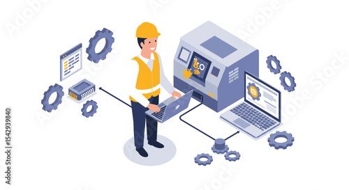 Industrial automation and technology concept with engineer operating machinery and laptop connectivity vector illustration isometric