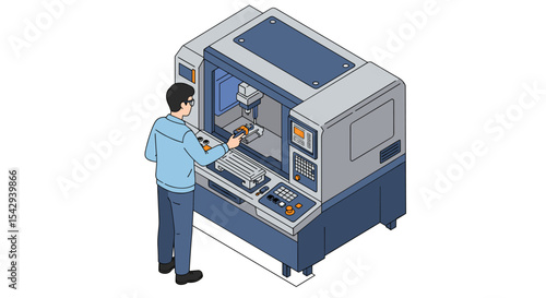 Engineer operating cnc machine for precision manufacturing and industrial automation vector illustration isometric