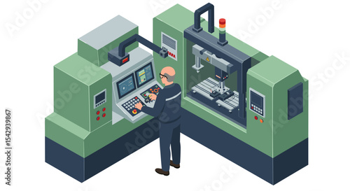 Automated cnc machine operation in industrial manufacturing process design vector illustration isometric
