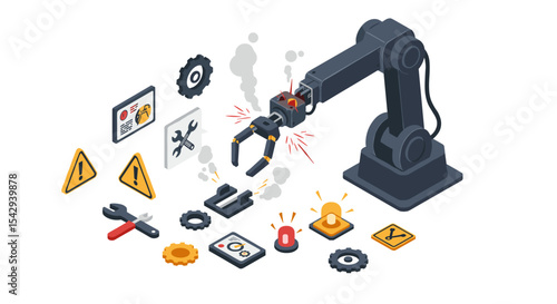 Industrial automation robot arm with warning symbols and tools for safety and maintenance vector illustration isometric