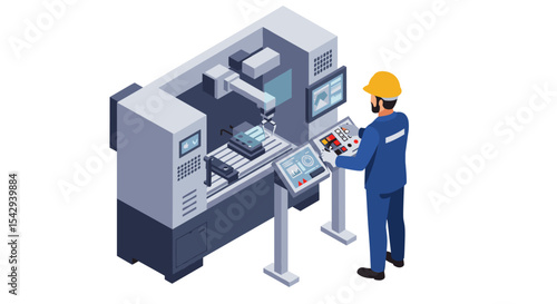 Industrial automation technology with engineer operating cnc machine for manufacturing process vector illustration isometric
