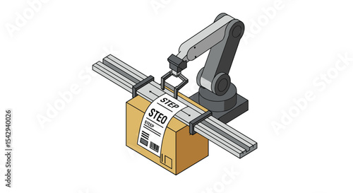 Automated robotics arm handling package for efficient industrial shipping and logistics vector illustration isometric