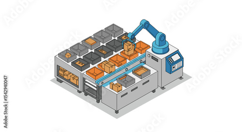 Automated industrial conveyor system with robotic arm for smart manufacturing and packaging solutions vector illustration isometric