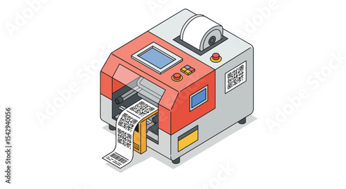Modern barcode printer machine with qr code and receipt functionality for efficient business operations vector illustration isometric
