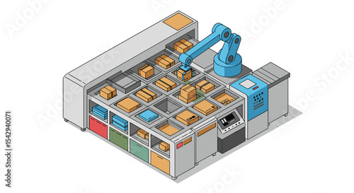 Automated warehouse robotics and package sorting system for efficient logistics solutions vector illustration isometric