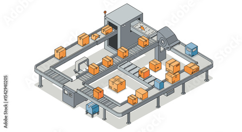 Automated package sorting system concept for efficient logistics and distribution vector illustration isometric